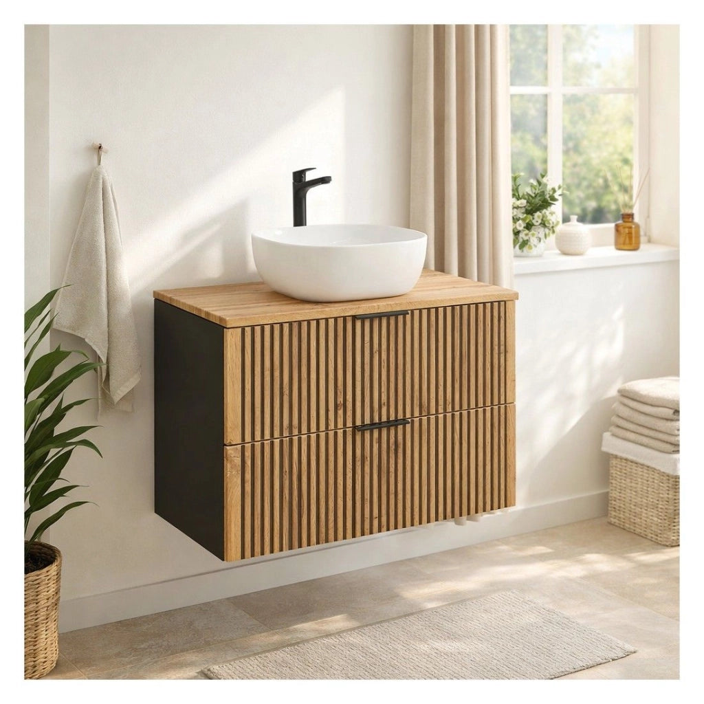 Set KINOKO: mobile sottolavabo con cassetti 100cm + piano in rovere + lavabo quadrato bianco da appoggio