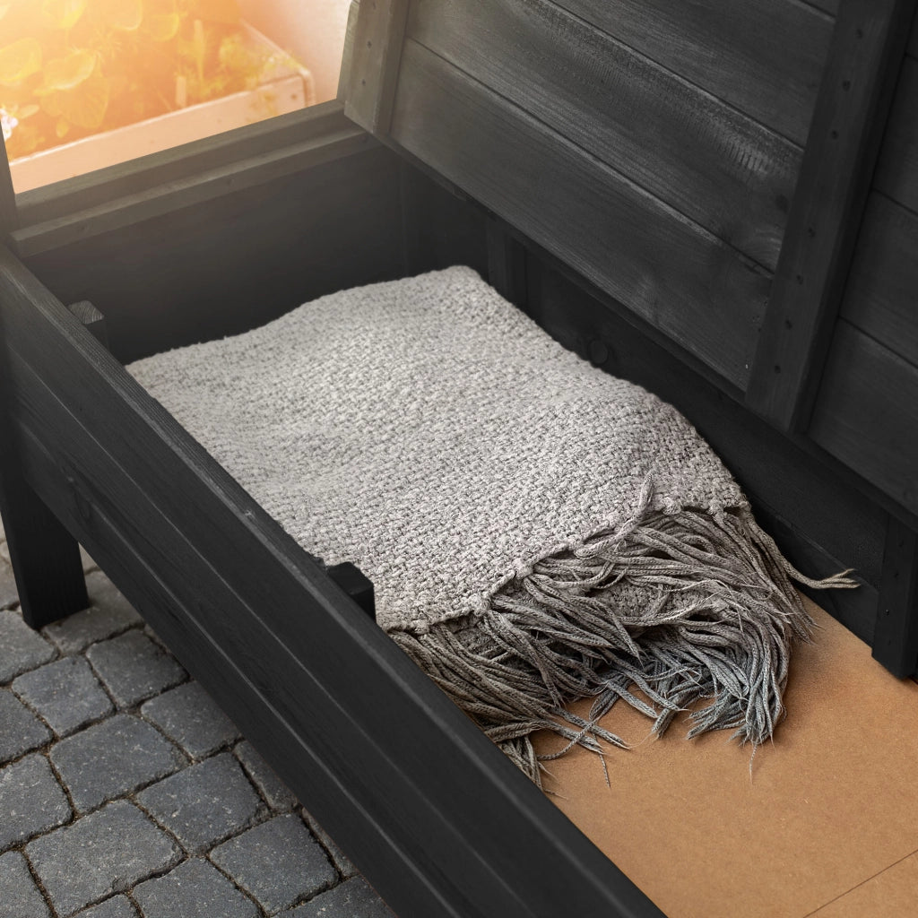 Panchina da giardino in legno KADAX con schienale, 120 cm, con contenitore, per terrazzo o balcone, colore antracite.