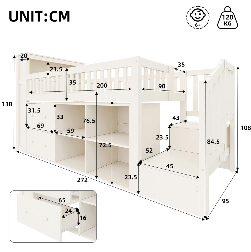 Letto semialto 90x200 cm con LED, USB-C e contenitore