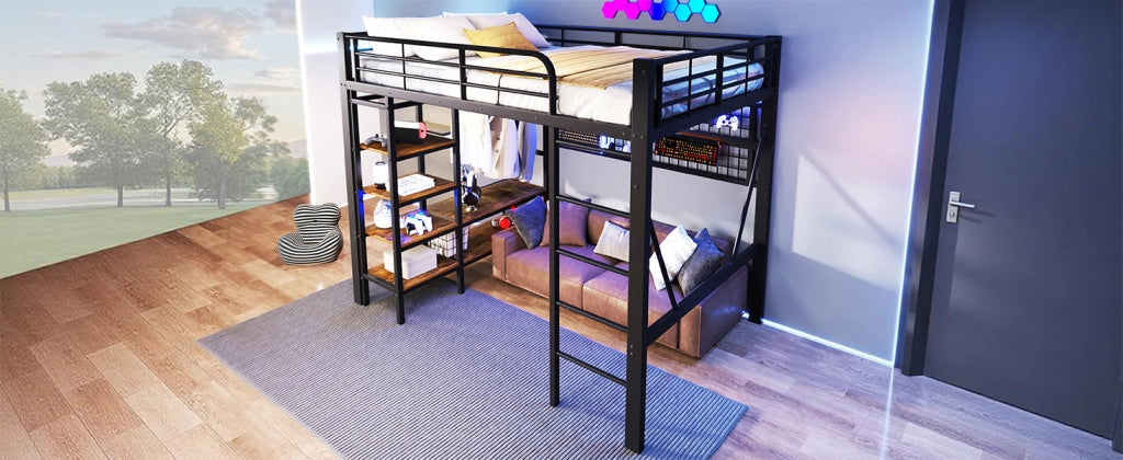 LETTO a soppalco 140x200 cm in Metallo e MDF Nero con LED e vano a giorno
