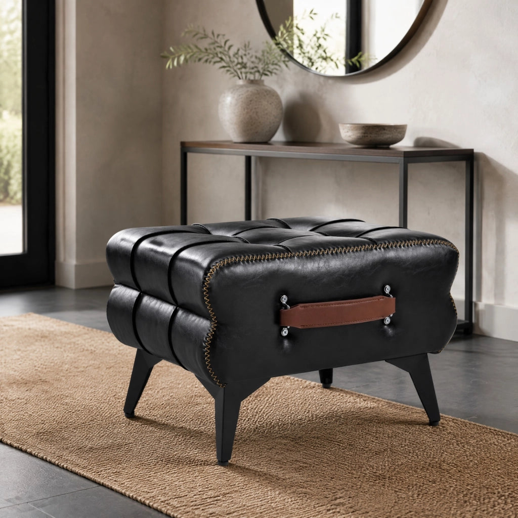 Pouf poggiapiedi portatile in PU nero con struttura in acciaio e maniglia laterale