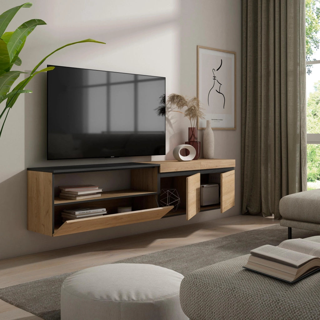 Mobile TV, 200x35x45cm, soggiorno, Per TV fino a 80", da appendere, colore Rovere e nero RF2144