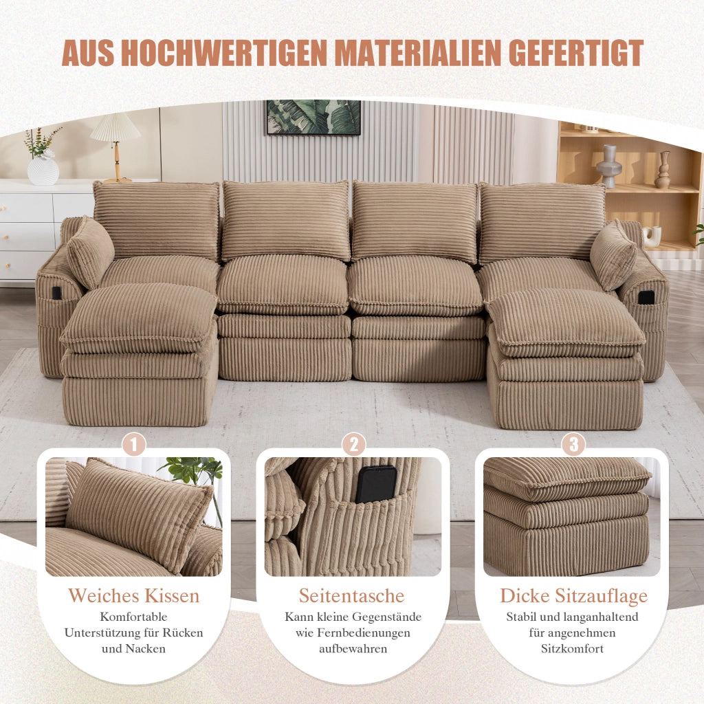 Divano modulare in velluto a coste kaki 335×167×85 cm con tasche laterali