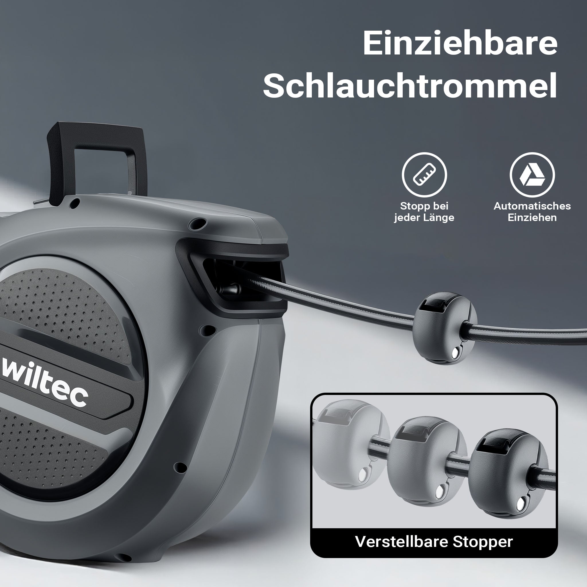 Avvolgitubo automatico per aria compressa 15 m, avvolgitubo in acciaio, 17 bar, con supporto girevole a 180°