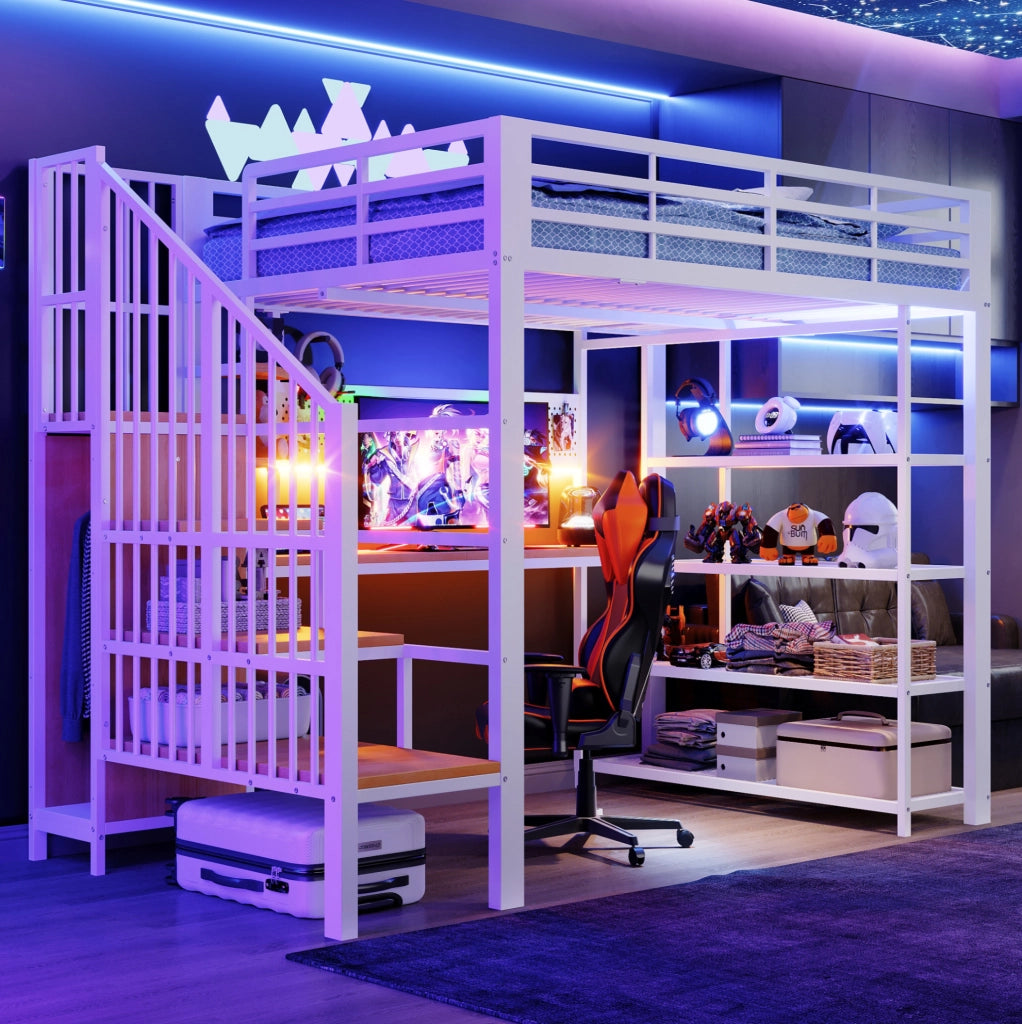 Letto a soppalco 140x200 cm con scrivania; LED; prese integrate; scala contenitore e scaffale; bianco