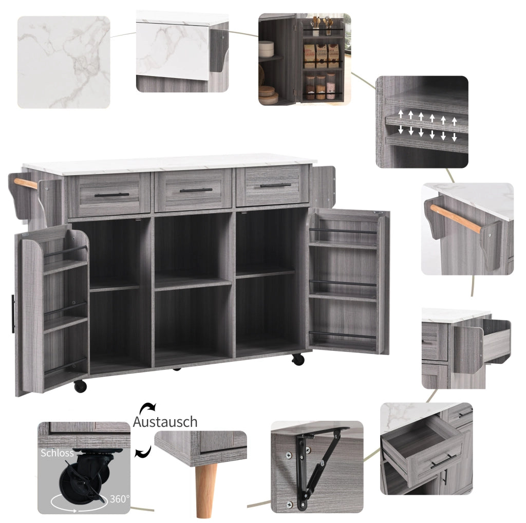 Carrello cucina con piano ribaltabile e contenitore grigio 139 cm