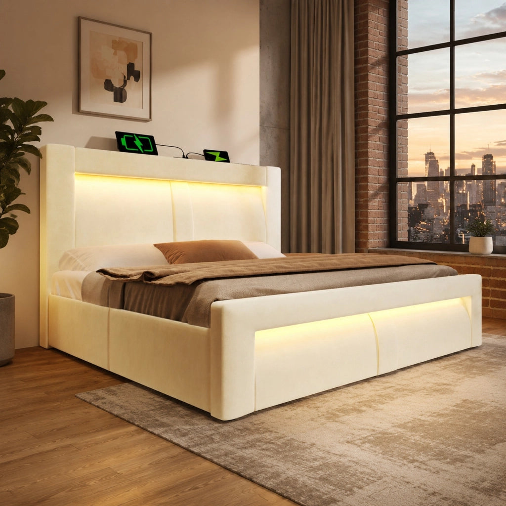 LETTO Contenitore 160x200 cm in velluto beige con LED e porte USB