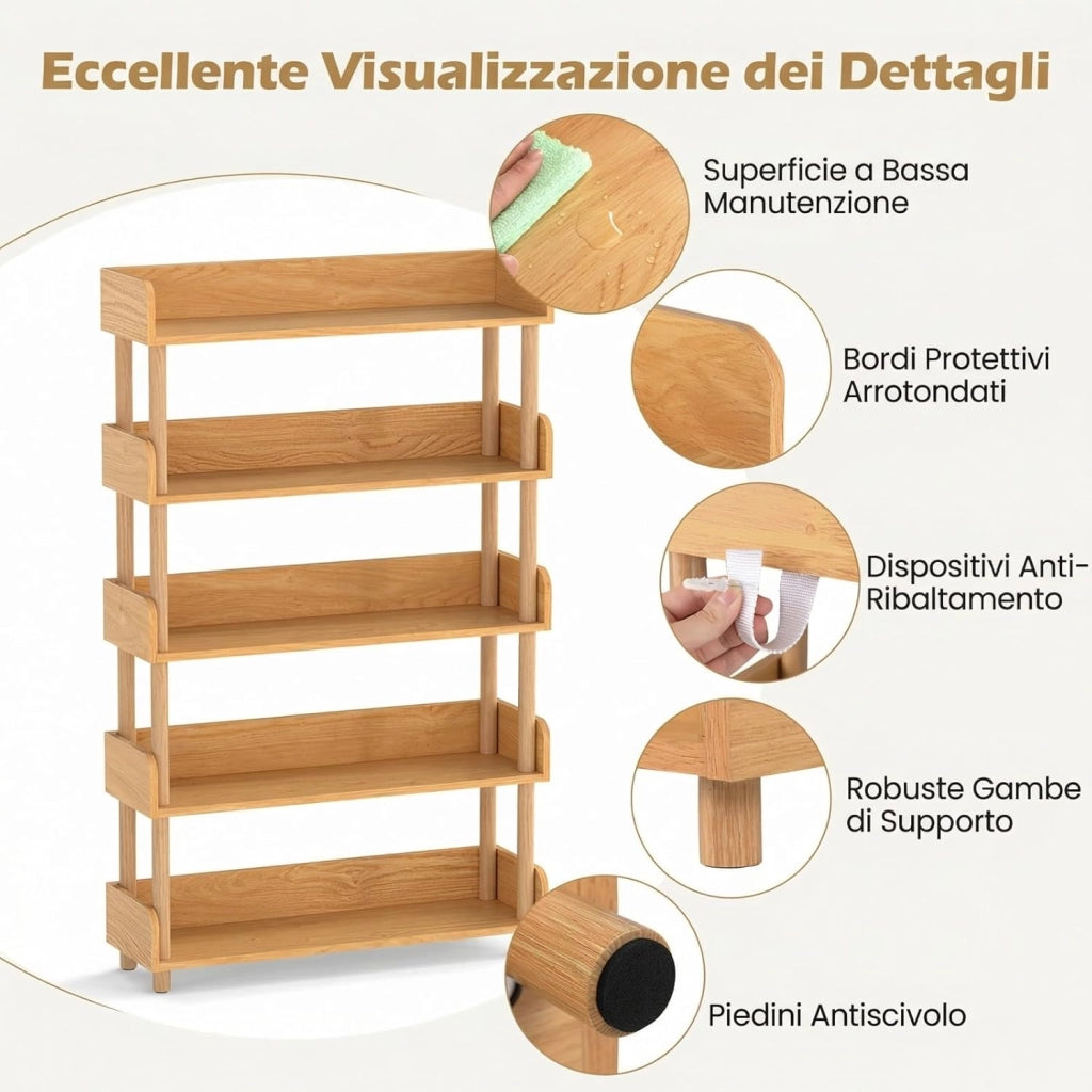 Libreria Verticale a 5 Livelli, Scaffale per Libri Aperto con Gambe in Legno di Pino,Protezione dei Bordi e Kit Antiribaltamento, Libreria Scaffale da Terra per Soggiorno e Camera da Letto