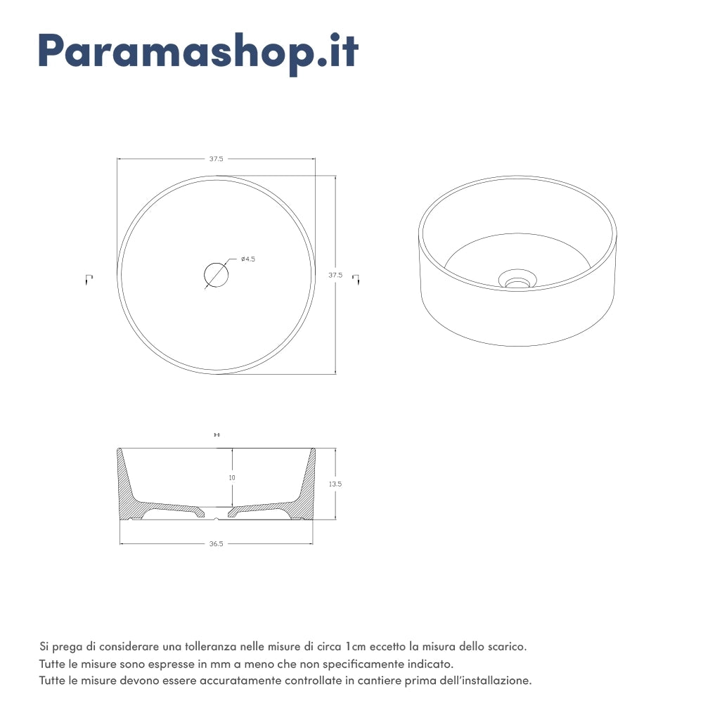 Lavabo da appoggio tondo 37,5x37,5x13,5 bianco opaco | Tirreno