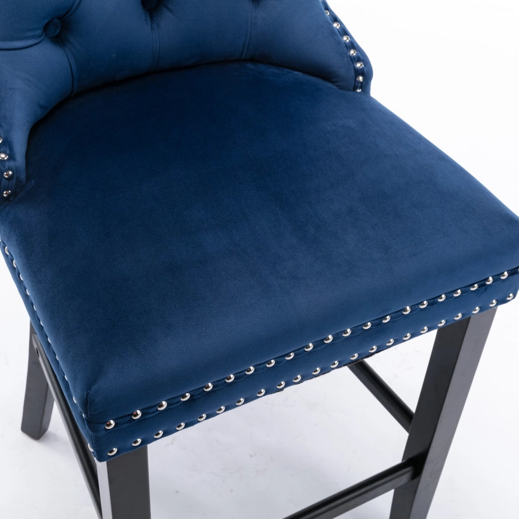 Sgabello da bar in velluto con schienale alto e altezza regolabile per sala da pranzo, gambe in legno massello blu
