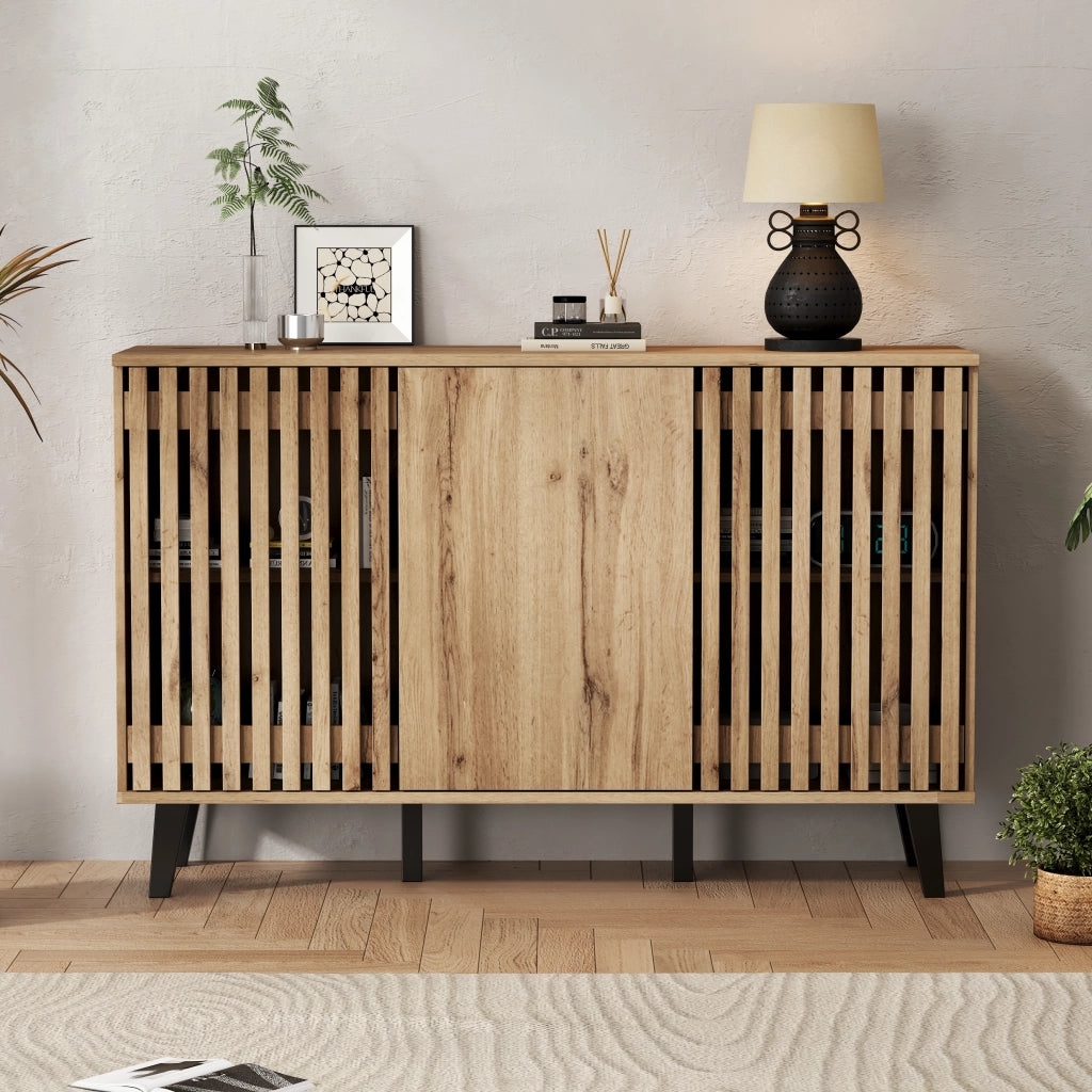 Credenza con 3 ante e 6 vani per soggiorno e ingresso in truciolare 150×40×95 cm rovere naturale
