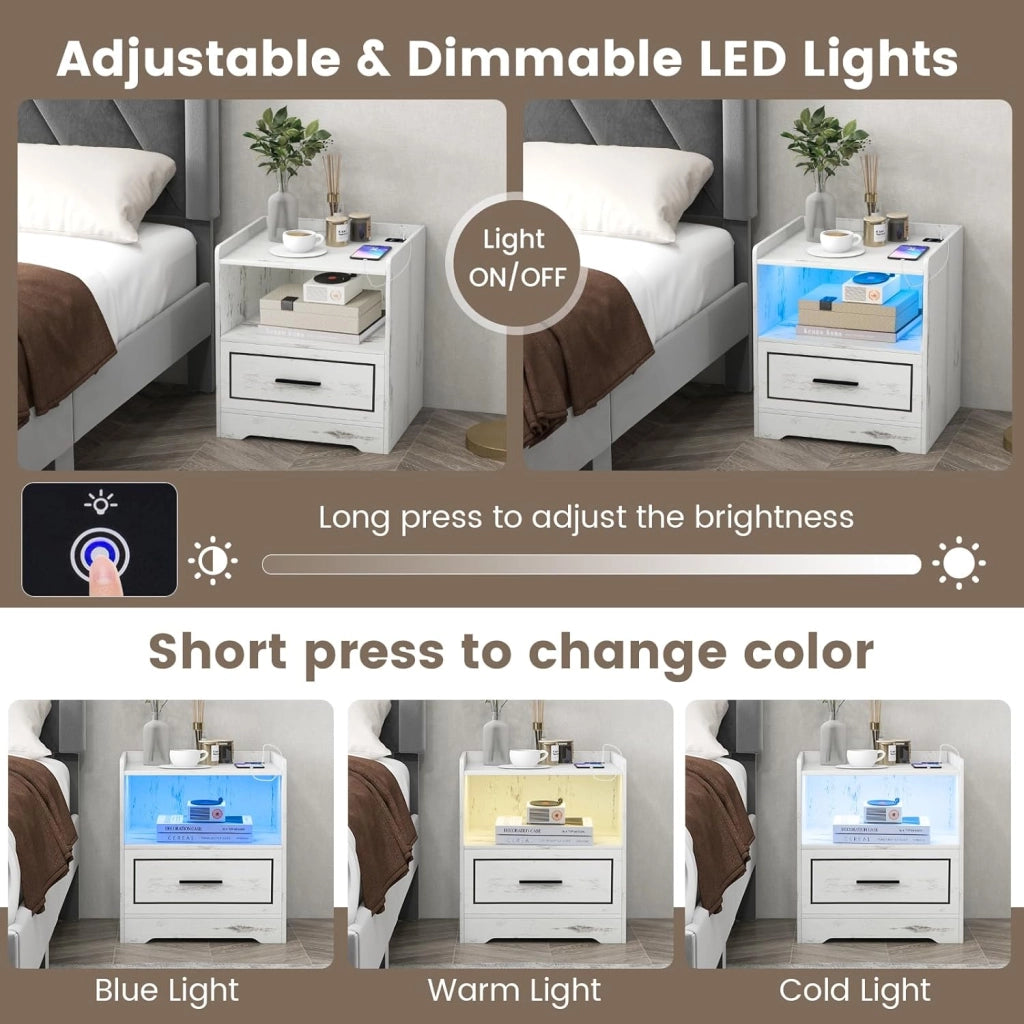 Comodino con Luce a LED(3 colori) e Cassetto, Tavolino da Divano con 2 Porte USB, Tavolino da Caffè con Sensore di Movimento, 45x40x50 cm, Bianco