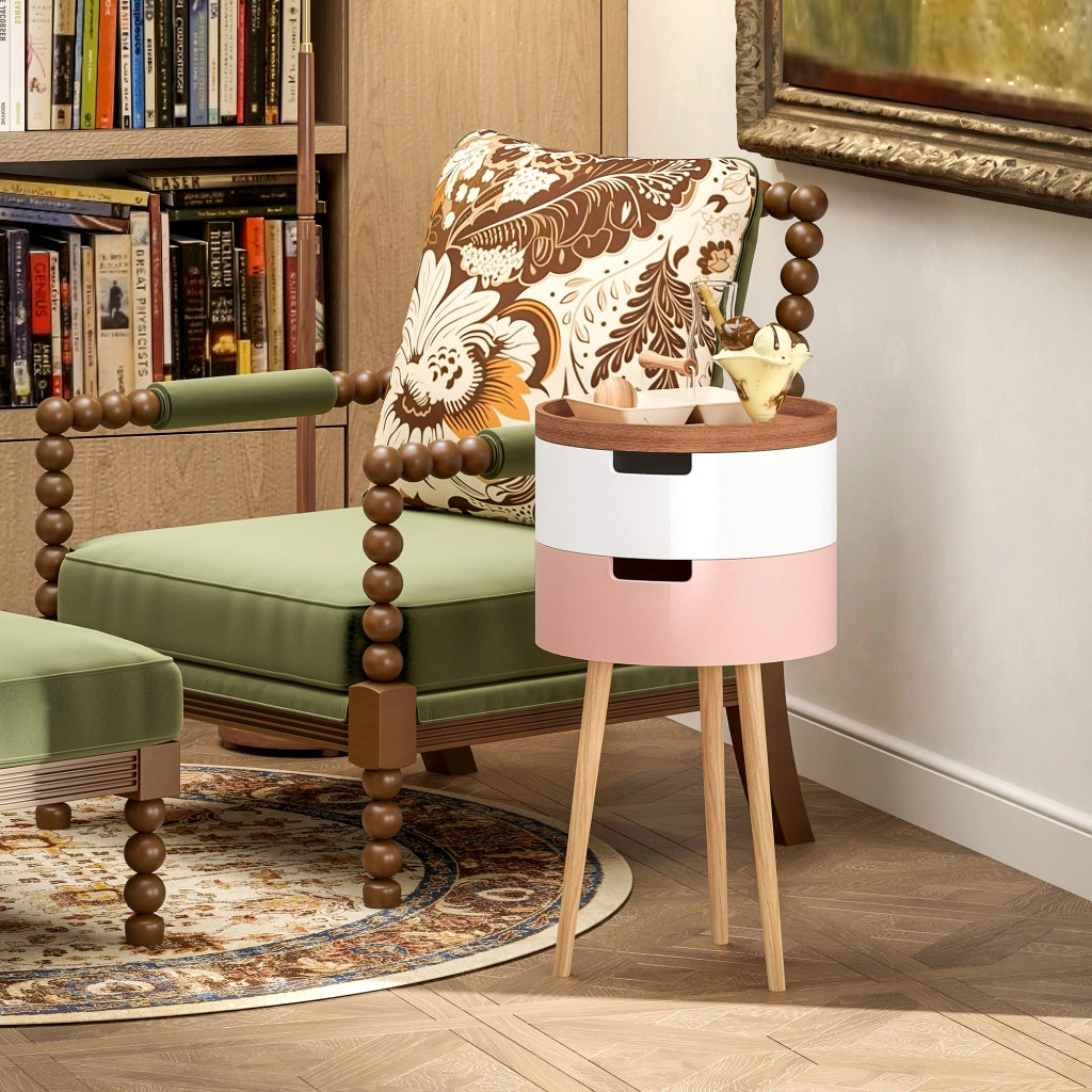 Set 2 Tavolini da Caffè con 2 Vani Contenitore e Vassoio Superiore Ø35 x 65,5 cm in MDF e Legno Bianco e Rosa