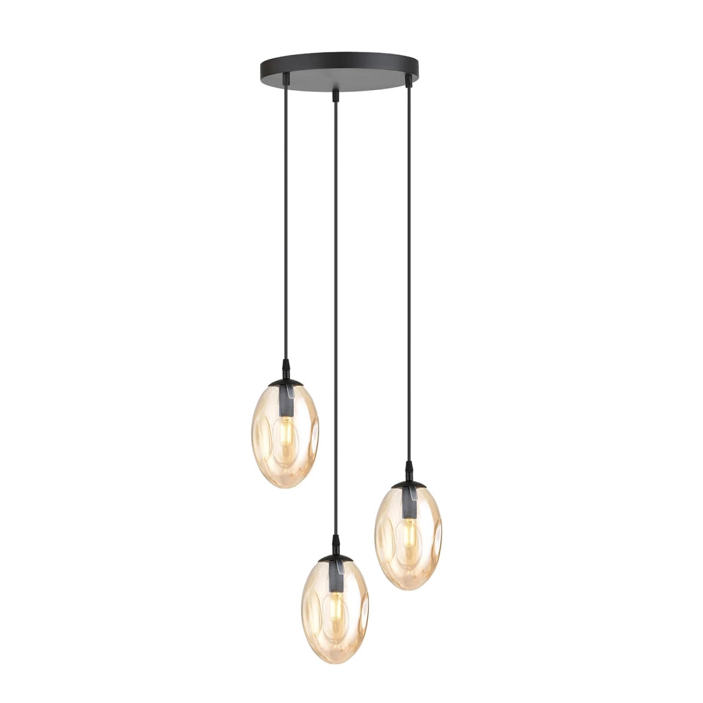 Sospensione Minimal 3 Luci Atalanta Acciaio Nero E Vetro Ambra