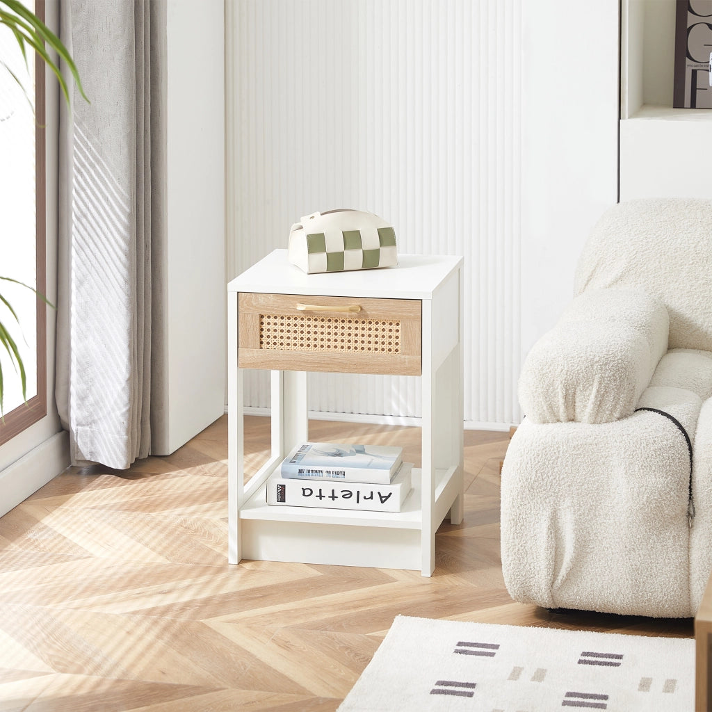 Comodino con 1 cassetto; effetto rattan; per camera da letto; in MDF; 40×40×55 cm; bianco