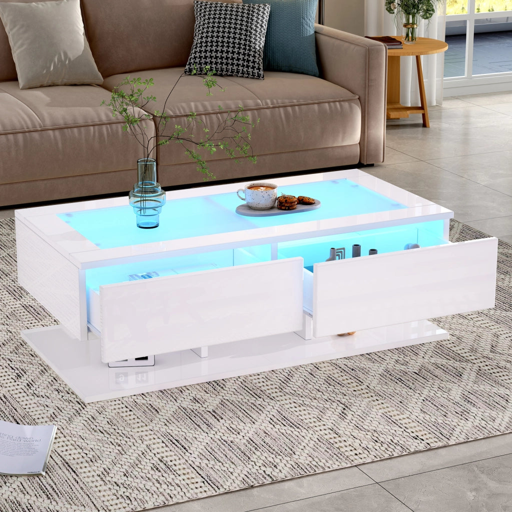 Tavolino da salotto 100x50x35 cm bianco lucido con 2 cassetti; piano in vetro temperato e LED