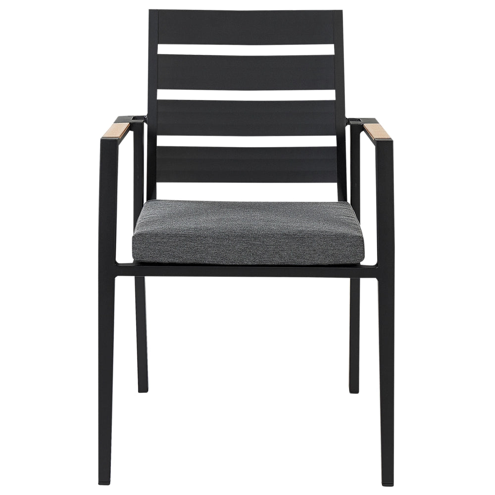 Set di mobili da esterno tavolo rotondo da pranzo nero 110 cm in alluminio e legno sintetico 4 sedie cuscini grigi