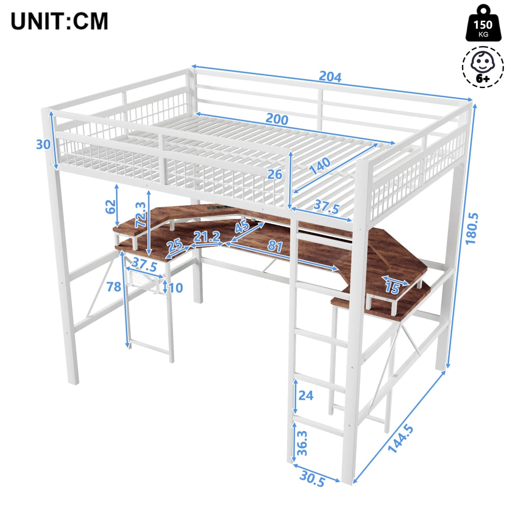 LETTO A SOPPALCO 140x200 cm in metallo bianco con scrivania, LED, USB e prese