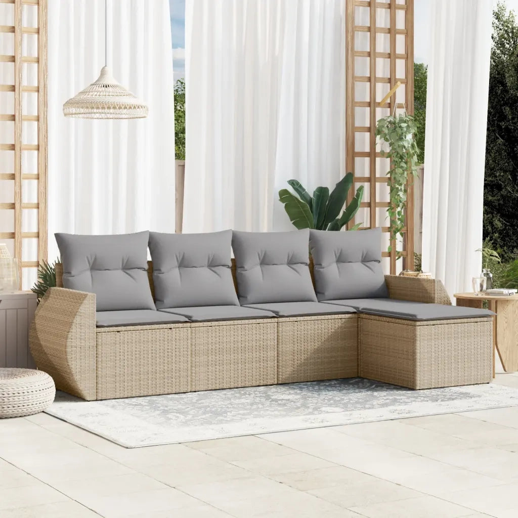 Set Divano da Giardino 5 pz | Set Salotto da Giardino con Cuscini Beige in Polyrattan