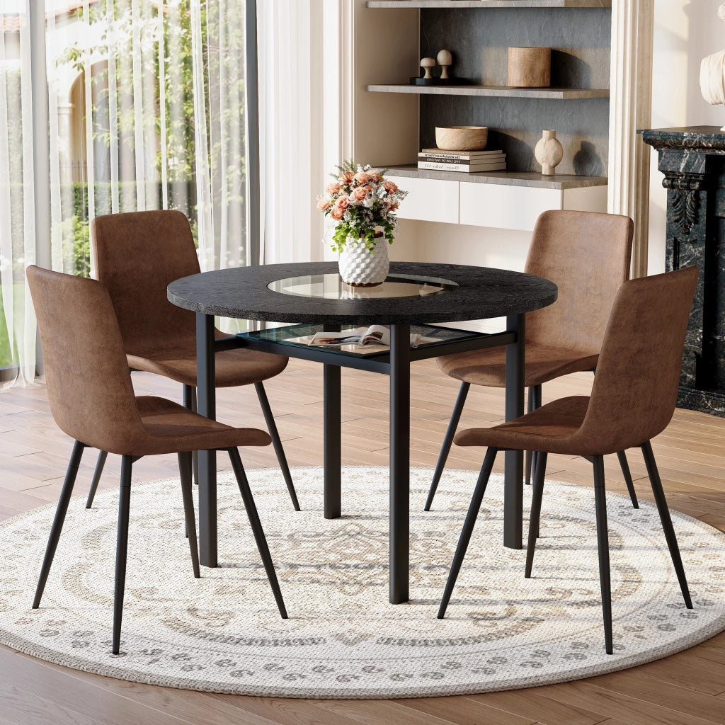 Tavolo da pranzo rotondo con 4 sedie, piano in MDF e vetro, per soggiorno e cucina, 100 cm, marrone e nero