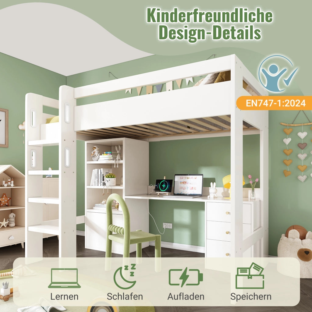 Letto a castello – 90x200 cm – scrivania armadio cassetti – legno bianco