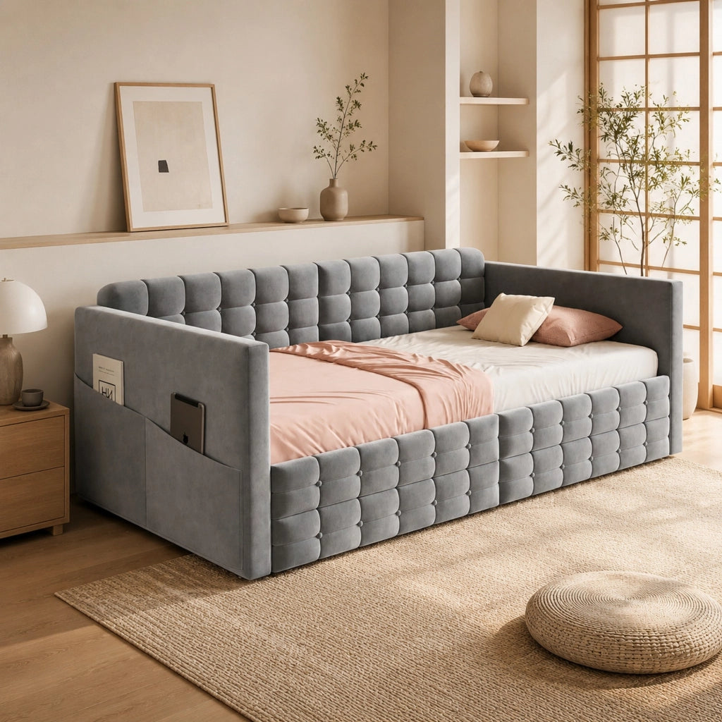 Letto imbottito 90x190 cm grigio con contenitore, tasche laterali, 2 cassetti e rete a doghe