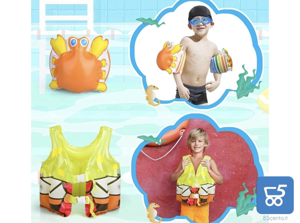 Kit Piscina per Bambini con Giubbotto Gonfiabile 2 Braccioli Occhialini e Una Palla +3 anni