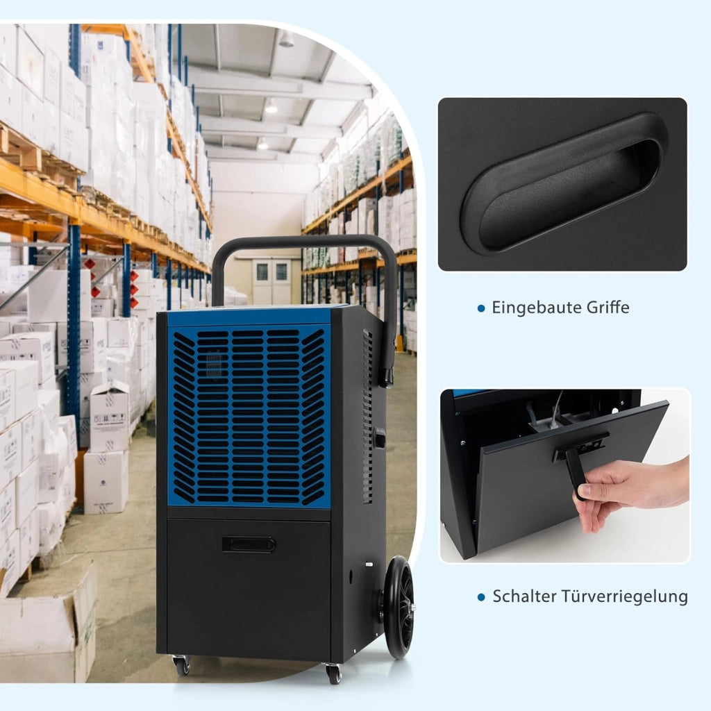 Deumidificatore Elettrico 66L/Giorno, Deumidificatore Professionale con Pompa di Scarico Automatica, Tubo di Scarico, Filtro Rimovibile, per Cantine, Magazzini, Scantinati (Nero+Blu)