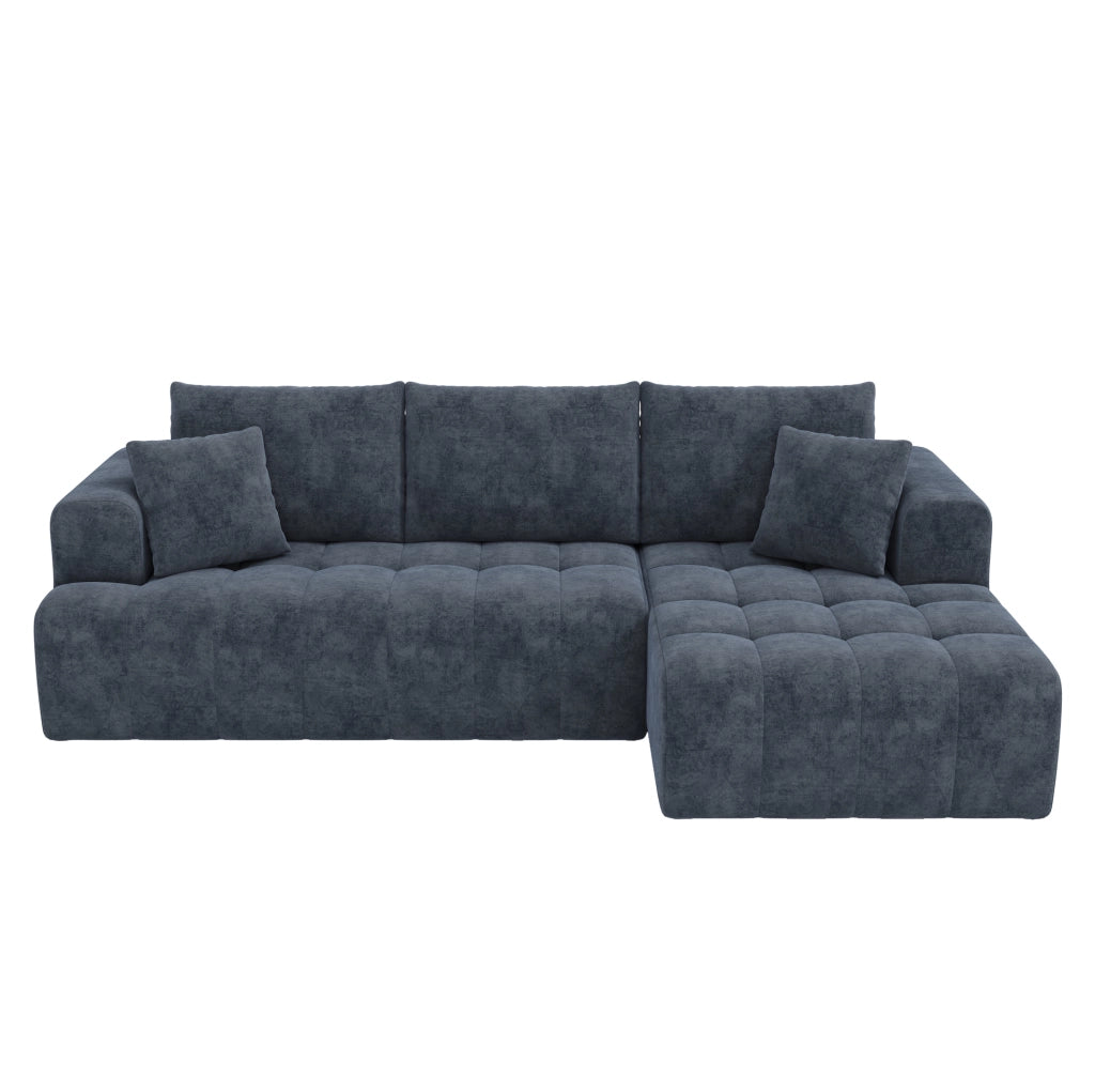 Divano angolare modulare a L 244;5x136x79 cm in ciniglia blu con 2 cuscini