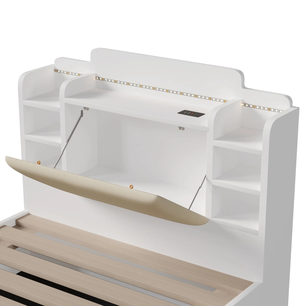 OKWISH Letto Contenitore 90×200 cm, Letto Singolo con USB e Tipo C, LED Regolabile e Contenitori, senza Materasso, Bianco
