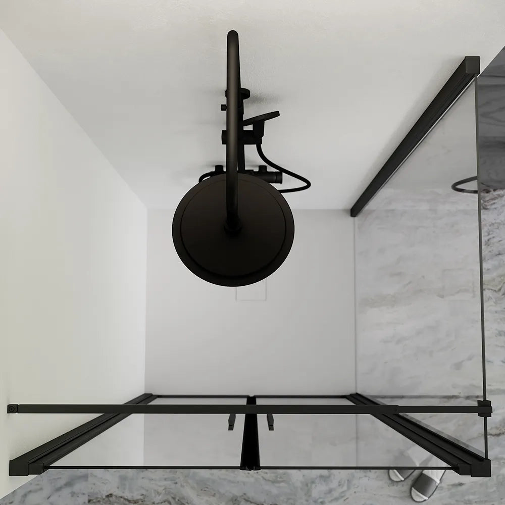 Box doccia 100x80cm con apertura saloon e parete fissa, profili nero opaco e vetro da 6mm trasparente h195 | Elba