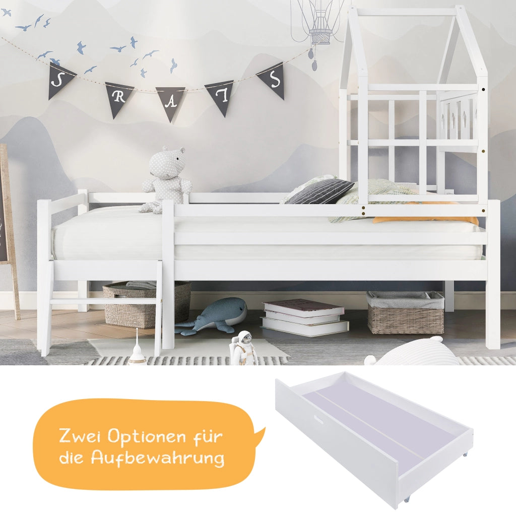 Letto a castello bianco con scala e cassetti in legno massello di pino 90x200 cm