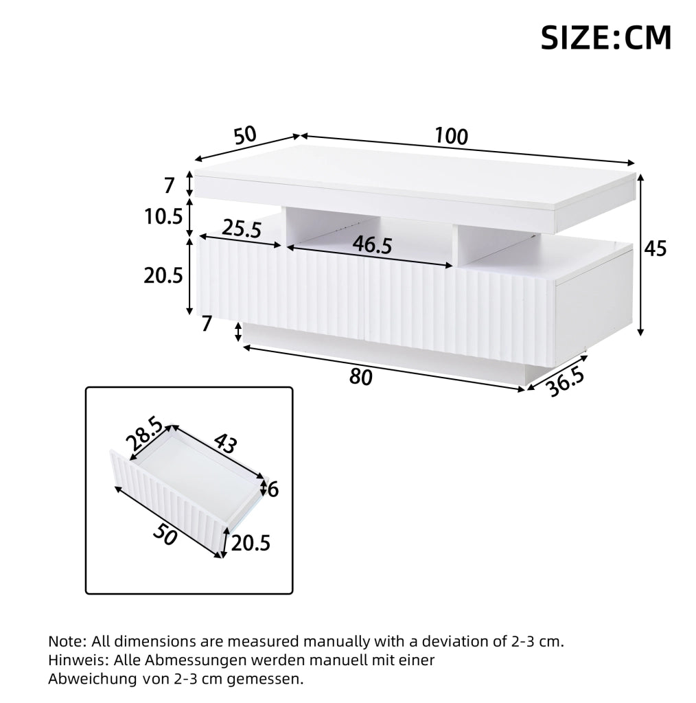 Tavolino da salotto 100 x 50 x 45 cm con 2 cassetti; LED controllato da app; bianco