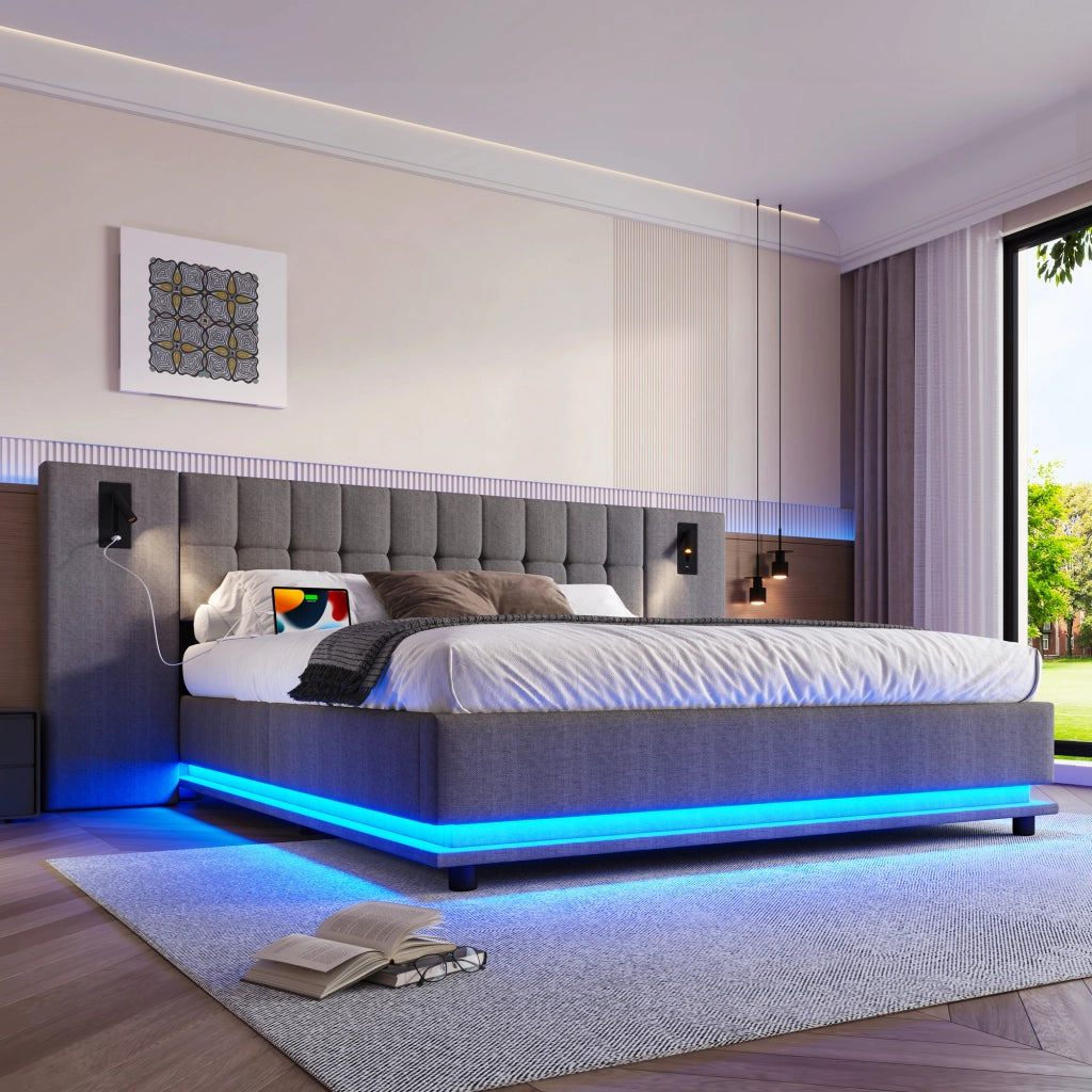 OKWISH Letto Imbottito 180×200 cm, Letto Matrimoniale con LED Regolabile, Luce Lettura e USB, senza Materasso, Lino, Grigio