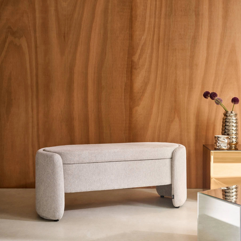 Panca contenitore, fondo letto contemporaneo in tessuto, grigio chiaro