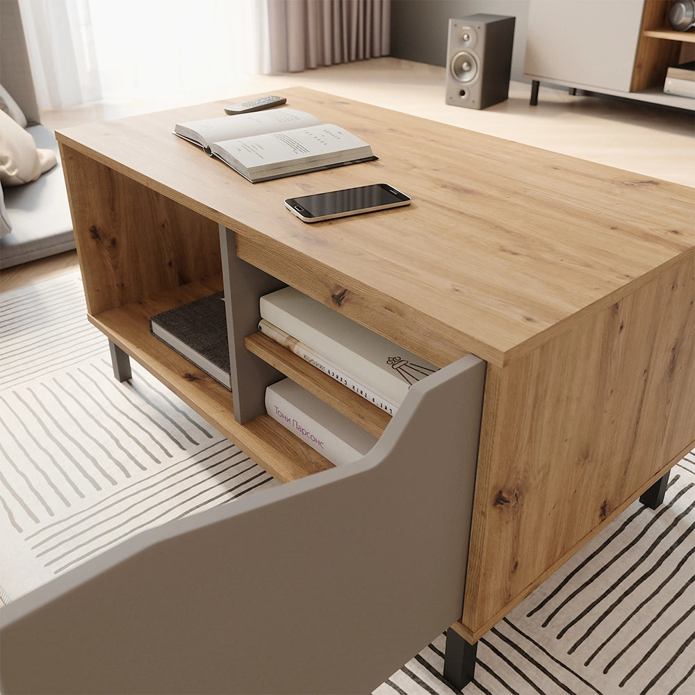 Vicco Tavolino da salotto Greige/rovere artigianale 90 x 50 cm con 1 porta
