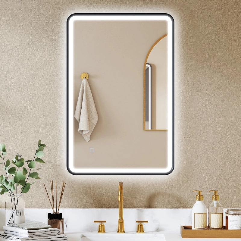 Specchio da bagno a LED 90 x 60 cm, luci, 3 colori, dimmerabile, funzione memoria, orientamento orizzontale e verticale, nero