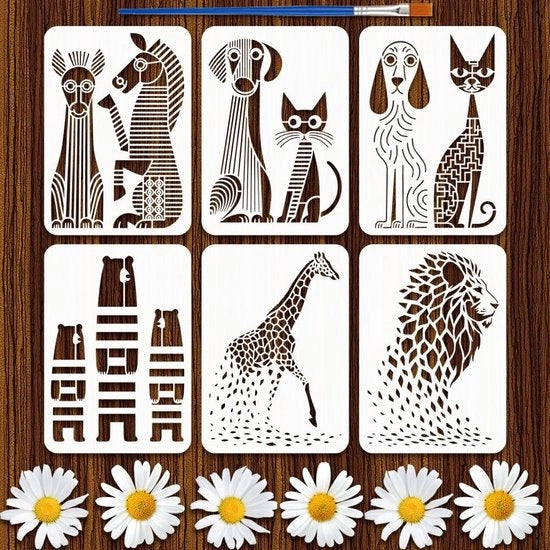 Schede per dipintura 6 pezzi - Stencil riutilizzabile - Animali astratti - Accessori artistici creativi - 21x29,7 cm - Disegni ispiratori