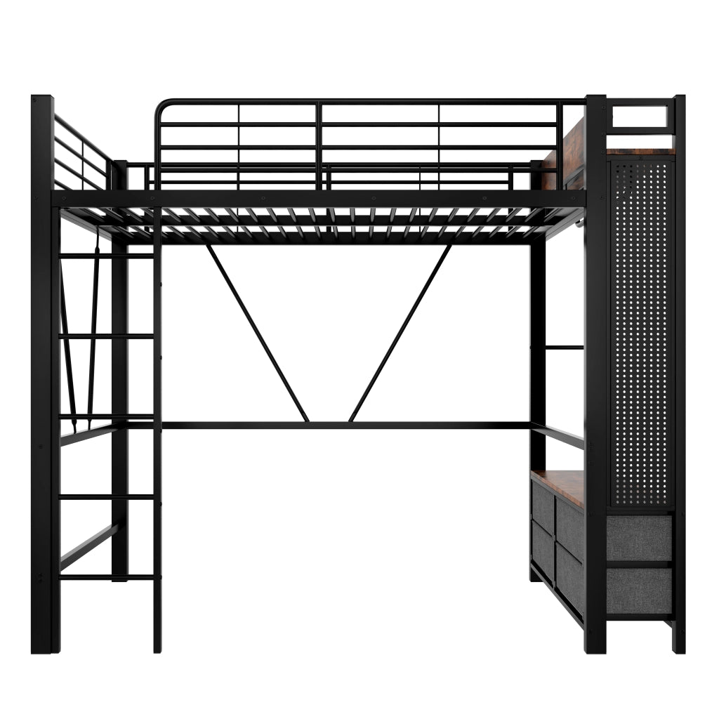 Letto a soppalco 90x200 cm in metallo e MDF; nero; con contenitori e LED