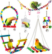 Set di 7 giocattoli per uccelli per pappagalli, composto da: corda a campana da appendere, culla da appendere, scala a pioli, sedia da sedere in legno, giocattolo da mordere per grandi pappagalli, pappagalli, parrocchetti, aringhe e passeri.