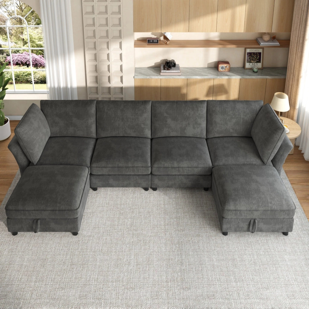 Divano modulare 6 posti a U/L con 2 pouf contenitore grigio