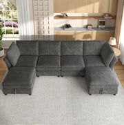 Divano modulare 6 posti a U/L con 2 pouf contenitore grigio
