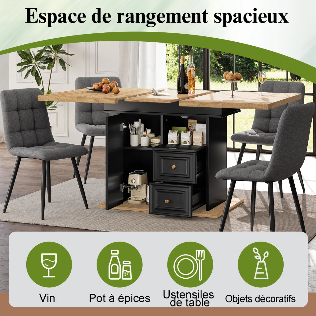 Tavolo allungabile per 6 persone con 1 anta, 2 cassetti e vano contenitore, in MDF e metallo, rovere naturale