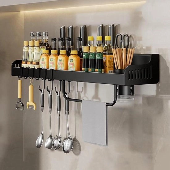 Supporto da Parete per Spezie senza Foratura Organizzatore per la Cucina con Fermo Coltello 6 Ganci contenitore per Cibi Nero 40 cm