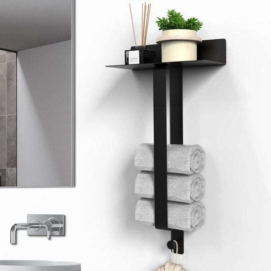 Sostegno asciugamano - Sostegno asciugamano senza fori - con pannelli - Sostegno asciugamani autoadesivi con ganci - 42 cm - Materasso nero - Per la camera da bagno