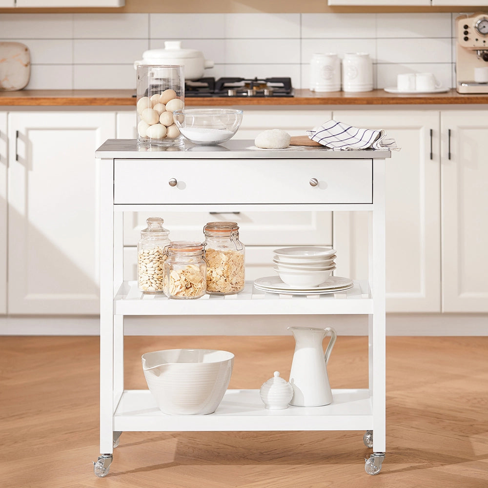 SoBuy Carrello Cucina con Ruote Isola Cucina Salvaspazio Bianca con Piano in Acciaio Inox Mobiletto Cucina con Cassetti Mobile Cucina per Dispensa, Ingresso o Giardino 81x90x45cm FKW47-II-W