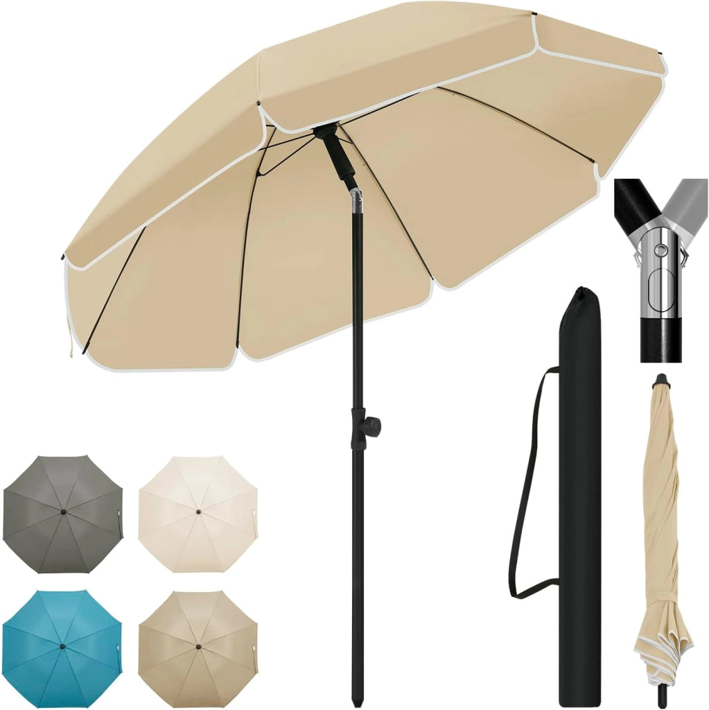 Ombrellone da Spiaggia, Ombrellone da Giardino con Funzione di Inclinazione e Altezza Regolabile, Tessuto Resistente ai Raggi UV da 180 gsm, Rotondo da 1,55 m Taupe
