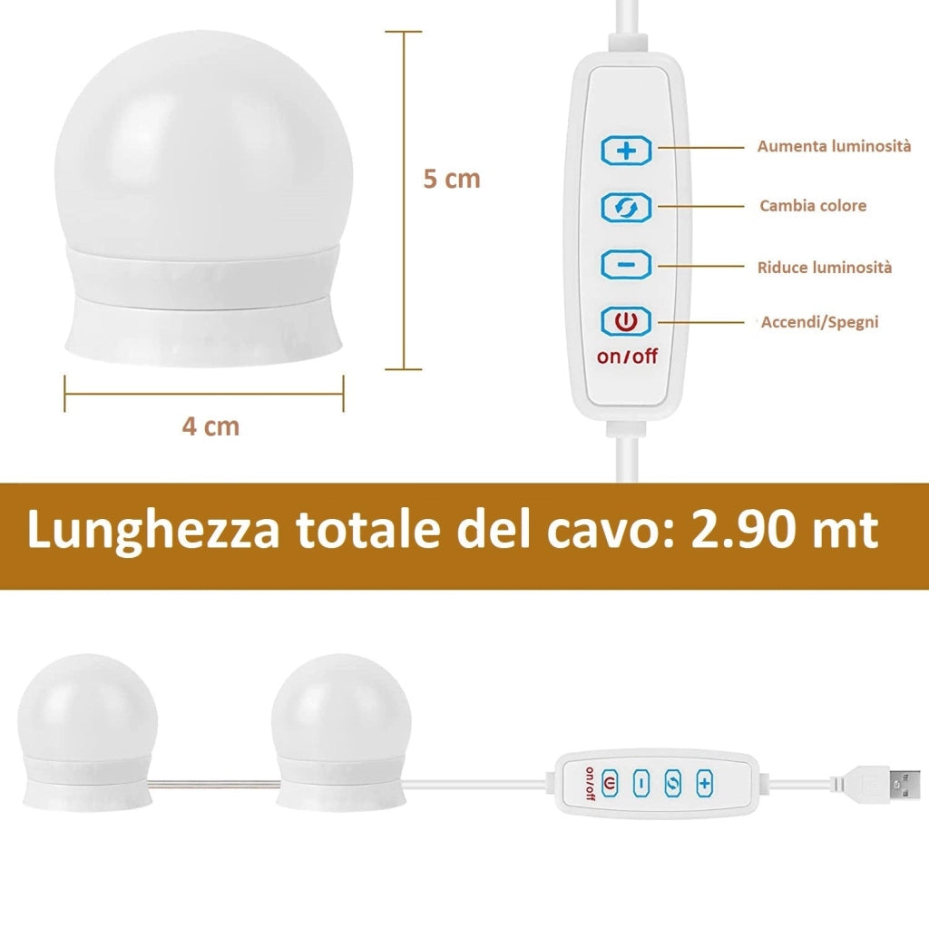 Set 4 Lampadine Led Luci per Specchio 3 Colori Intensità Regolabile USB