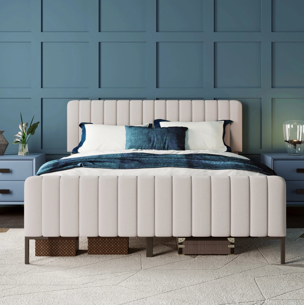 Letto matrimoniale imbottito 140x200 cm in lino grigio-beige con testiera regolabile