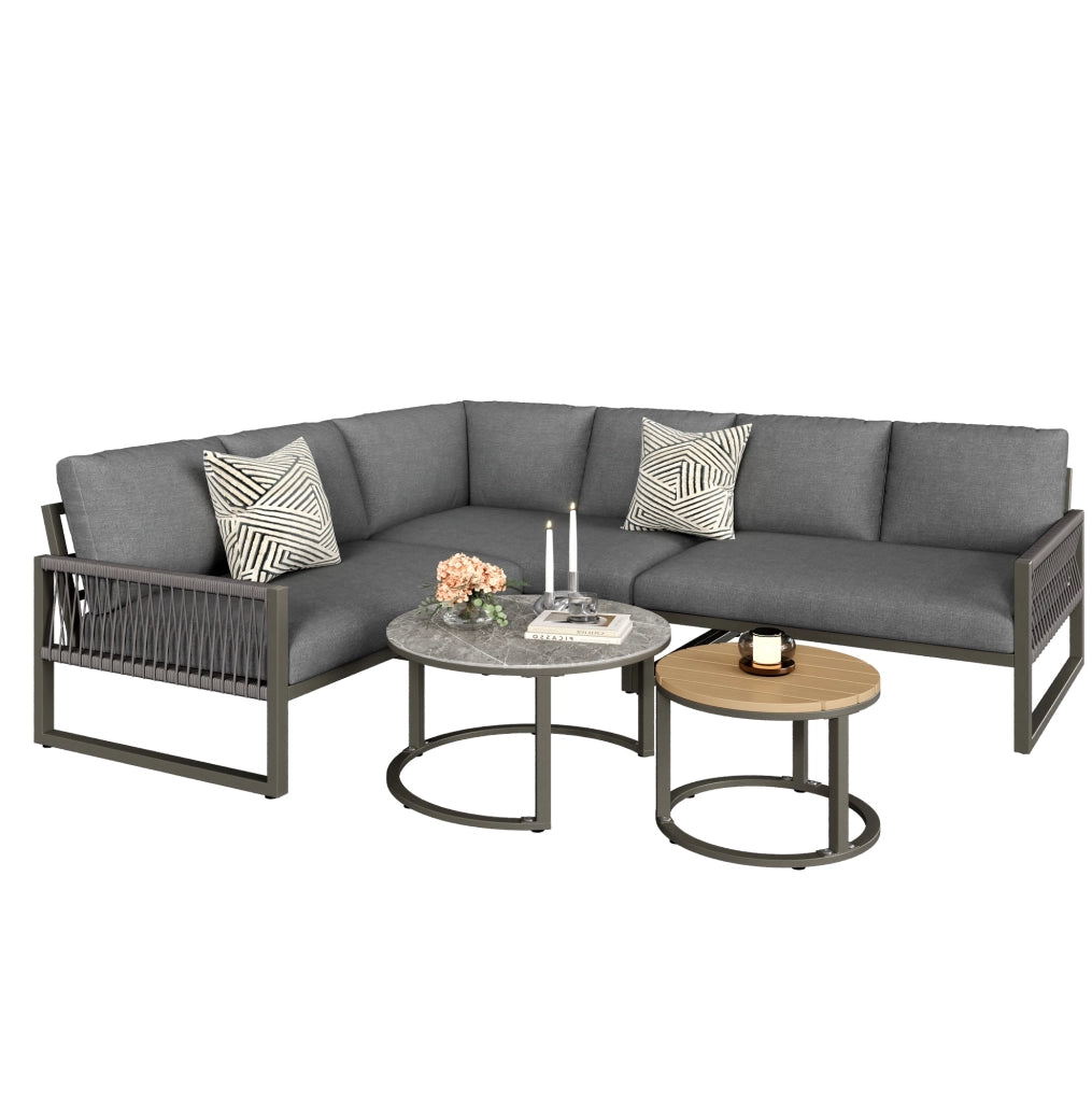 Set salotto da giardino ad angolo con 2 tavolini; grigio